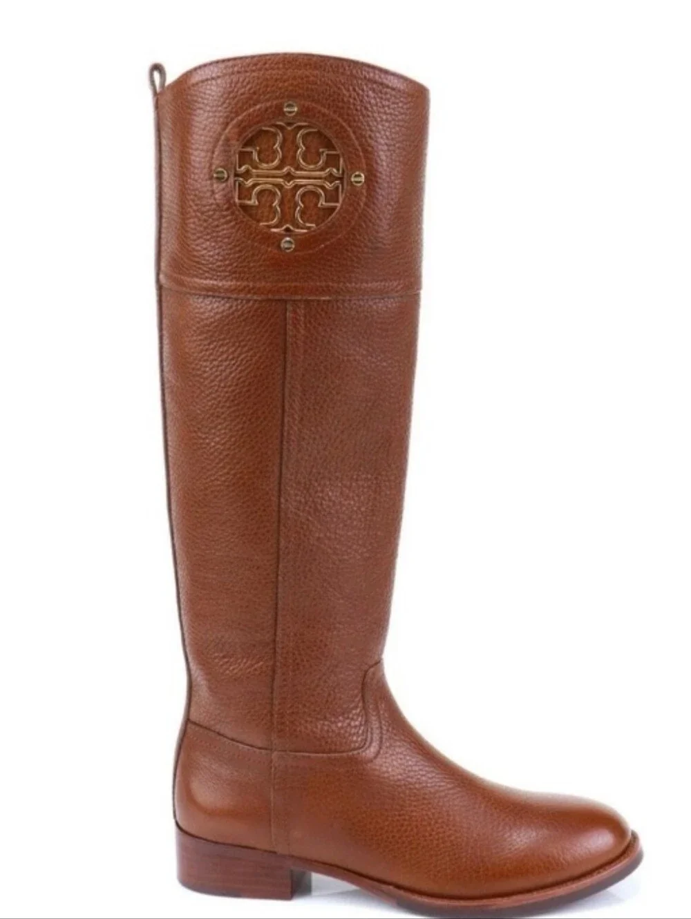 Tory Burch Cognac Leather Knee-High Boots with Gold Logo